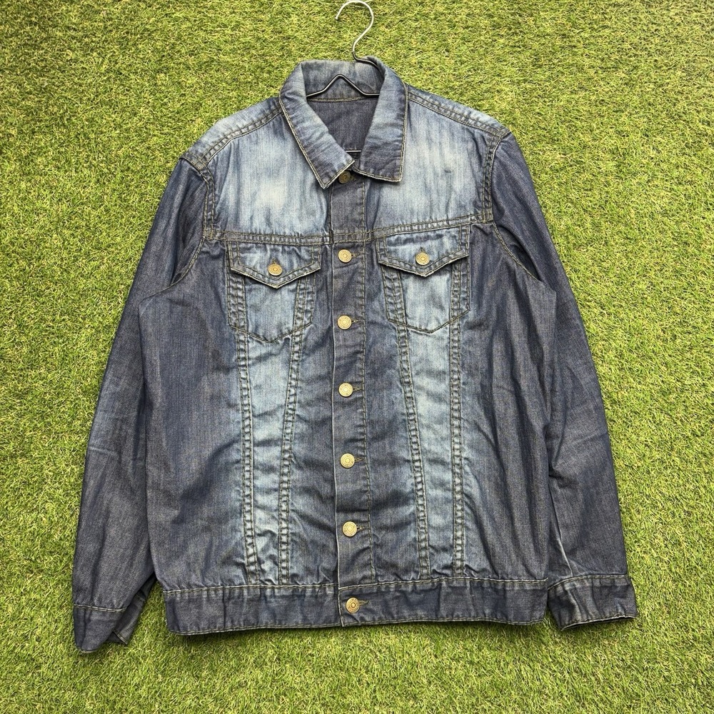 Robins Jean Jacket Mens XL Blue Trucker Denim Embroidered Wings Made in USA y2k